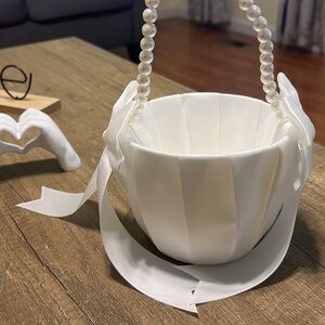 Elegant White Satin Basket with Pearl Handle